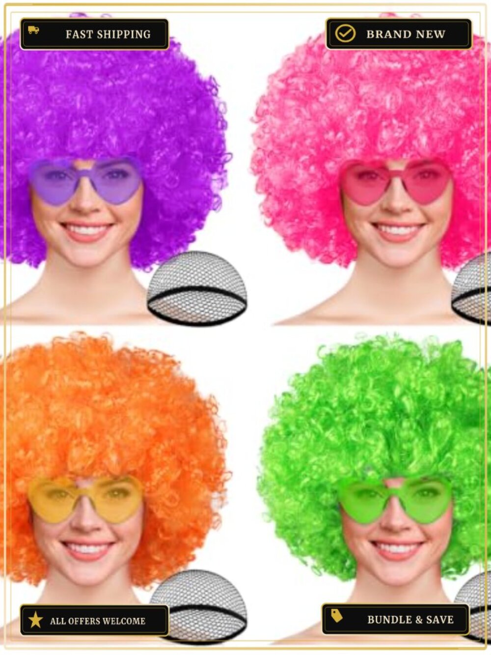 4 Pack Colored Afro Wig Set Curly Costume Wigs Heart Sunglasses Halloween
